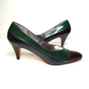Vintage Rangoni Heels Dark Green Tuscan Calfskin Black Snake Italian Leather 7.5